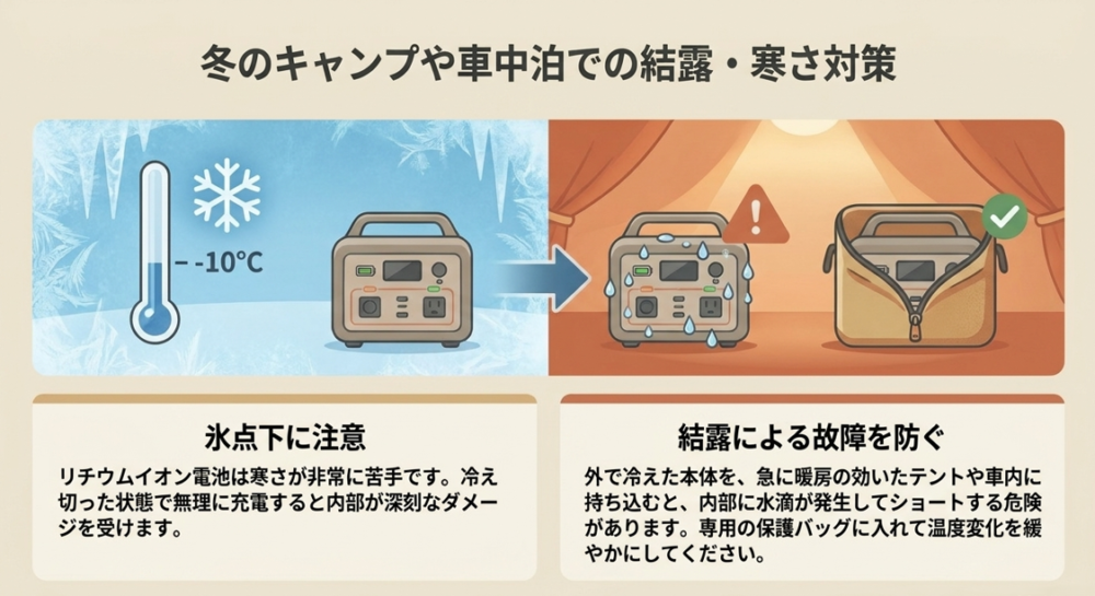 ポータブル電源の冬場の結露・寒さ対策。氷点下での無理な充電を避け、急な温度変化による結露故障を防ぐ工夫が必要