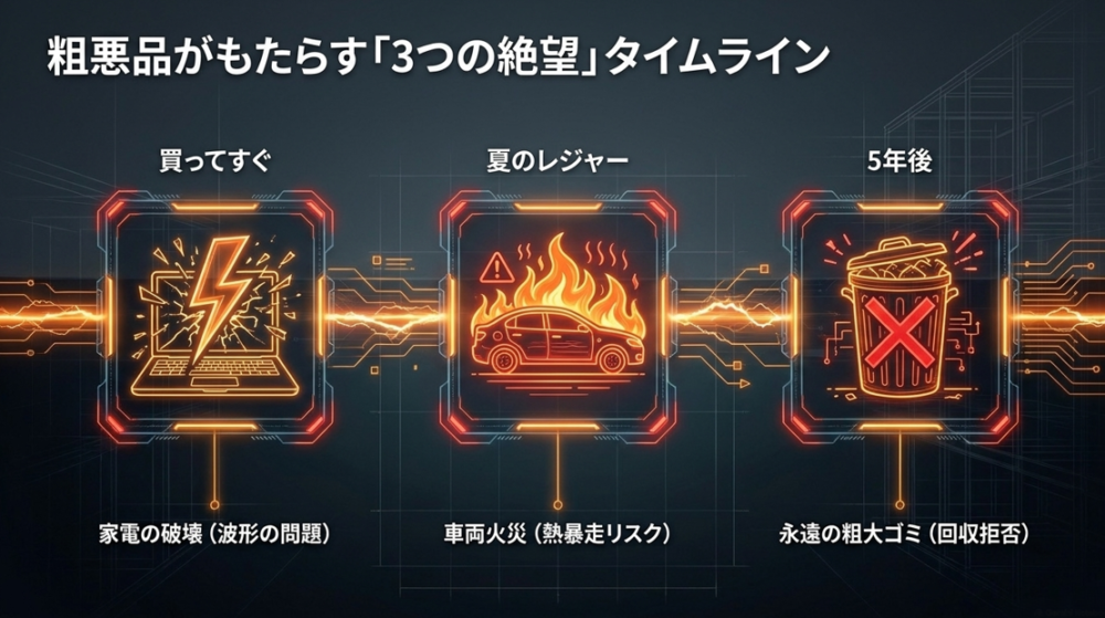 買ってすぐの家電破壊、夏のレジャーでの車両火災、5年後の回収拒否という、粗悪品がもたらす3つのトラブルのタイムライン