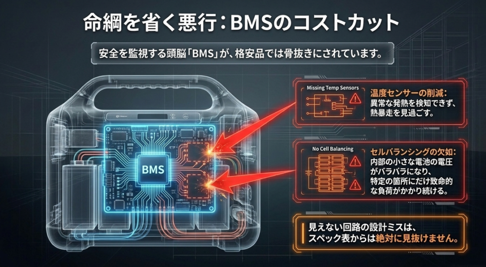 温度センサーの削減やセルバランシングの欠如など、スペック表からは見抜けないBMS(バッテリーマネジメントシステム)の危険なコストカットの解説