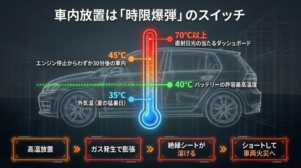 バッテリーの許容温度40度に対し、夏場の車内やダッシュボードが70度以上になり、発火や熱暴走につながる危険性を示した図