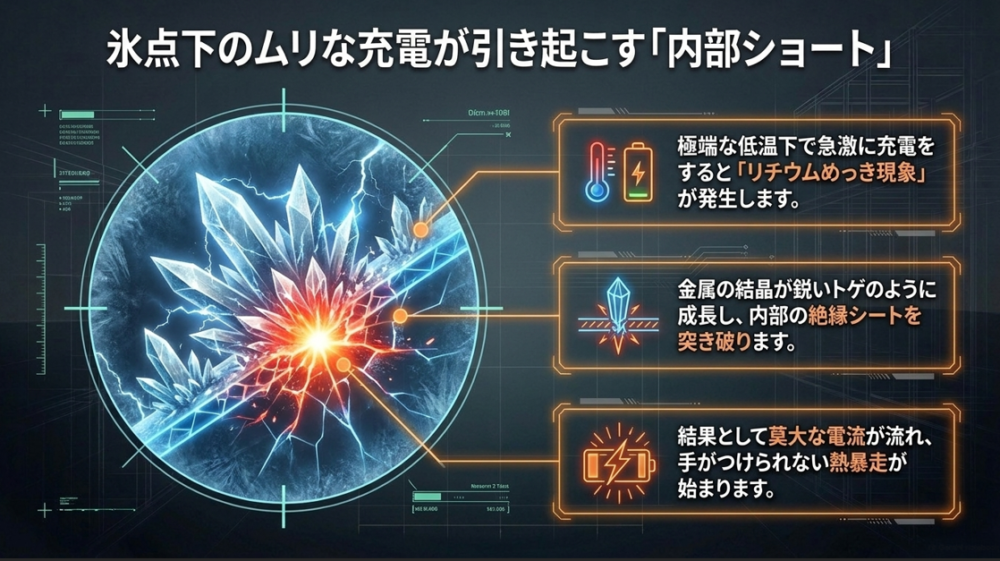 極端な低温下での急激な充電によって発生するリチウムめっき現象と、それが引き起こす内部ショート・熱暴走のメカニズム図