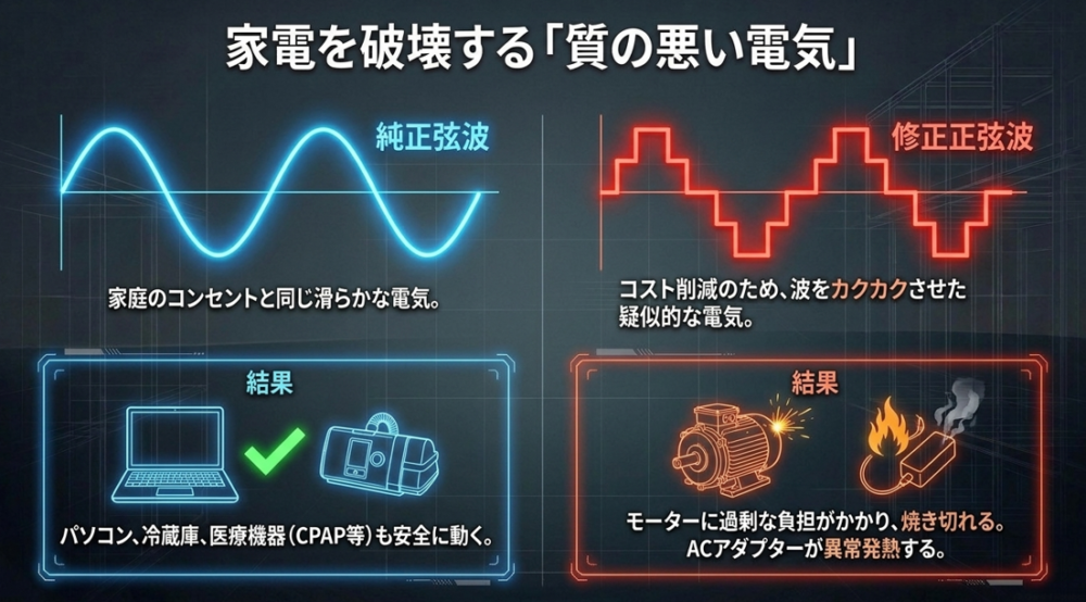 安全に動く滑らかな純正弦波と、モーターの焼き切れや異常発熱を引き起こすカクカクした修正正弦波の波形の違いと影響