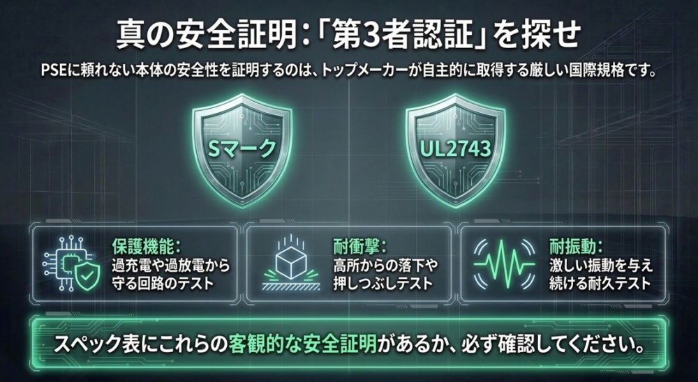 PSEに頼れない本体の安全性を客観的に証明する、SマークやUL2743といった保護機能・耐衝撃・耐振動テストをクリアした第3者認証のロゴ