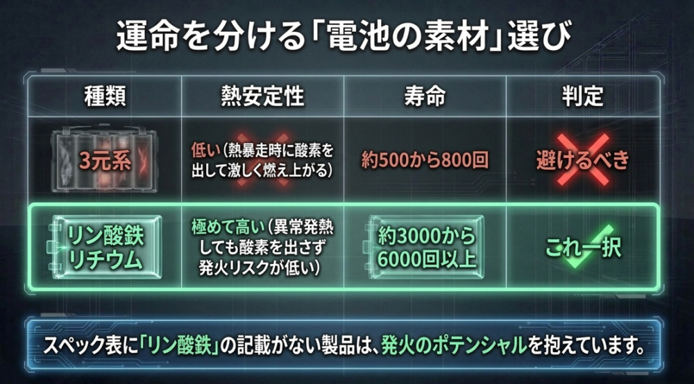 発火リスクが高く寿命が短い3元系バッテリーと、熱安定性が極めて高く長寿命なリン酸鉄リチウムイオン電池の性能比較表