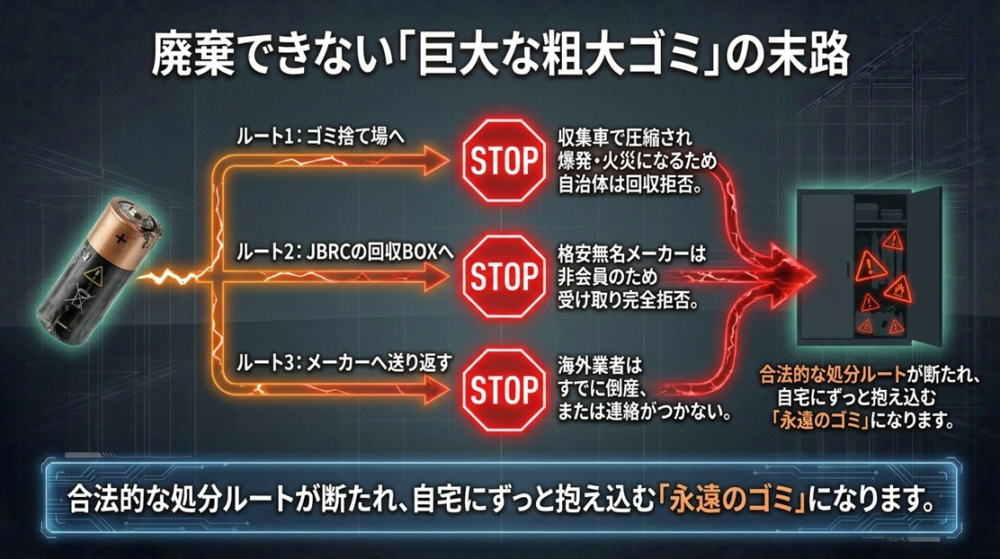 自治体の回収拒否、JBRCの受け取り拒否、海外業者の倒産などにより、合法的な処分ルートが断たれて永遠のゴミになる問題の図解