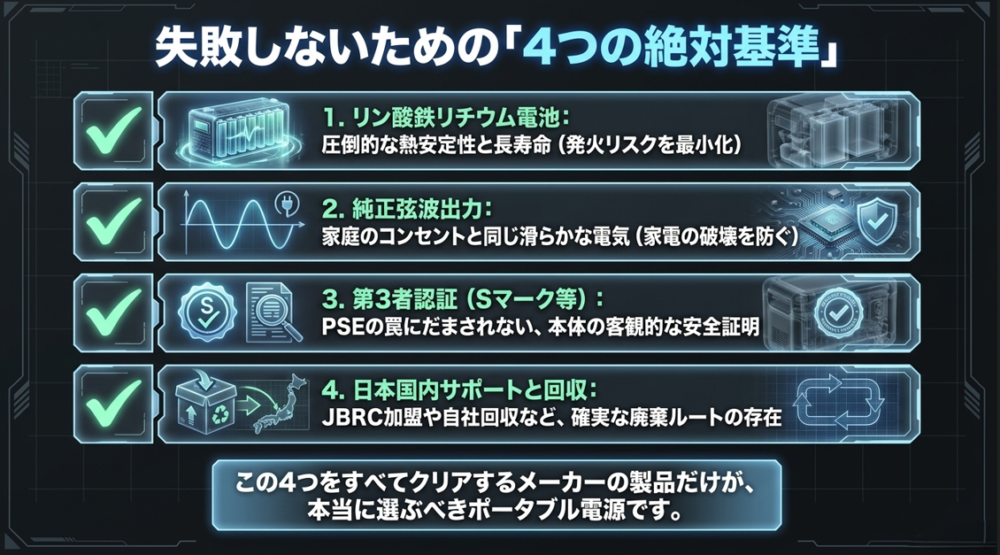 リン酸鉄リチウム電池、純正弦波出力、第3者認証(Sマーク等)、日本国内サポートと回収という、ポータブル電源を選ぶための4つの絶対基準