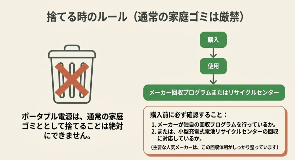 ポータブル電源の廃棄ルール。通常の家庭ゴミとしては絶対に捨てられず、メーカーの回収プログラムやリサイクルセンターを利用すること