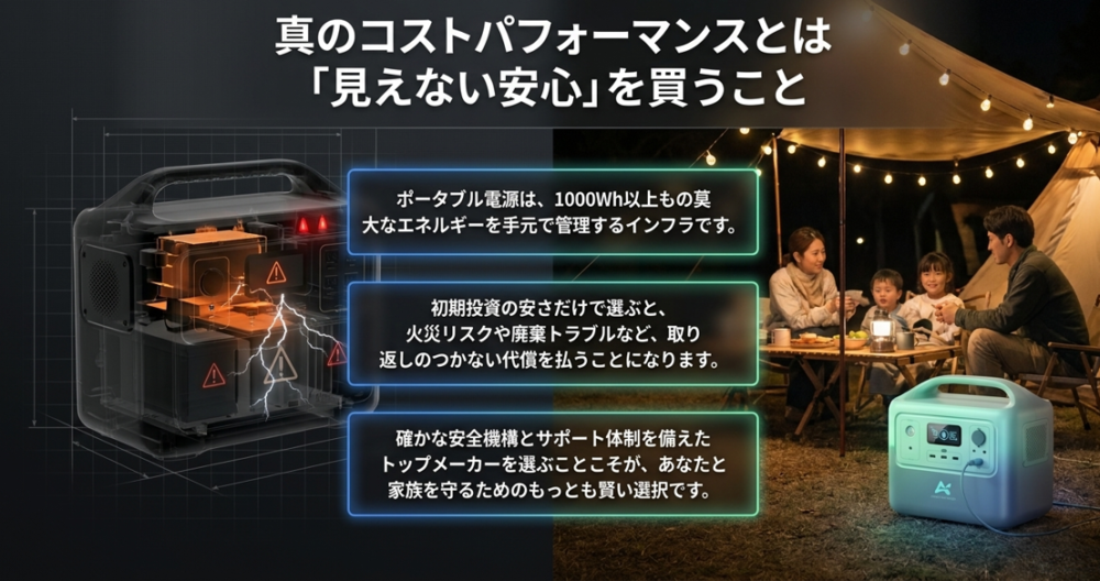 初期投資の安さだけで選ぶ危険性を説き、確かな安全機構とサポート体制を備えたトップメーカーを選ぶことが真のコストパフォーマンスであるというメッセージ