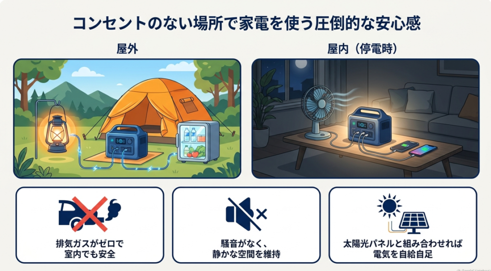 キャンプなどの屋外や、停電時の屋内でポータブル電源を活用するイラストとメリットの解説