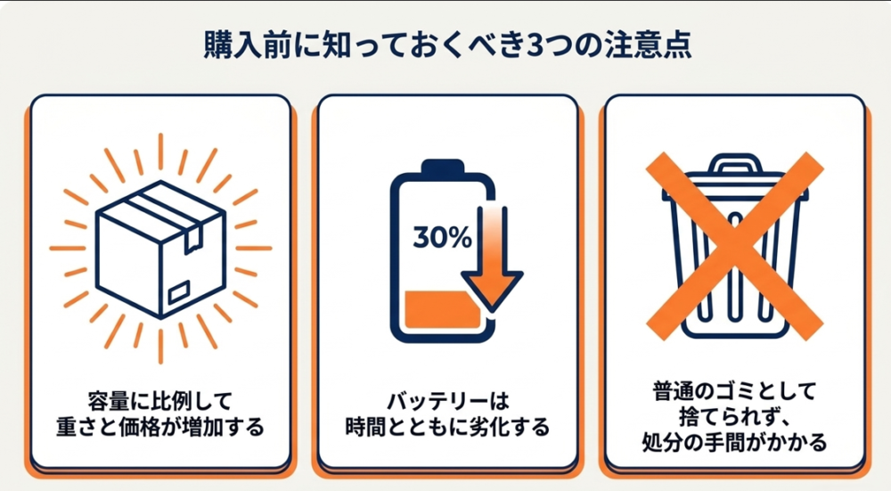 ポータブル電源の重さや価格、バッテリーの劣化、処分の手間に関する3つの注意点