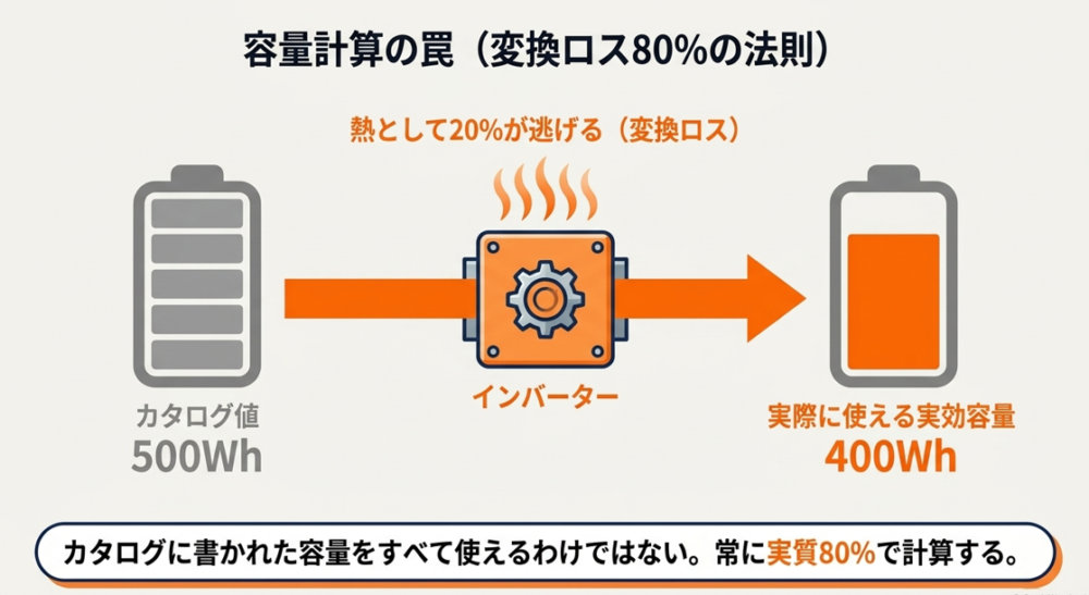 インバーターを通る際に熱として20%の変換ロスが発生し、実質使える容量が80%になる仕組みの図解