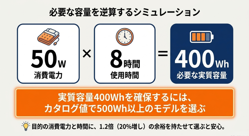 50Wの家電を8時間使う場合、余裕を持たせて500Wh以上のモデルを選ぶシミュレーション例