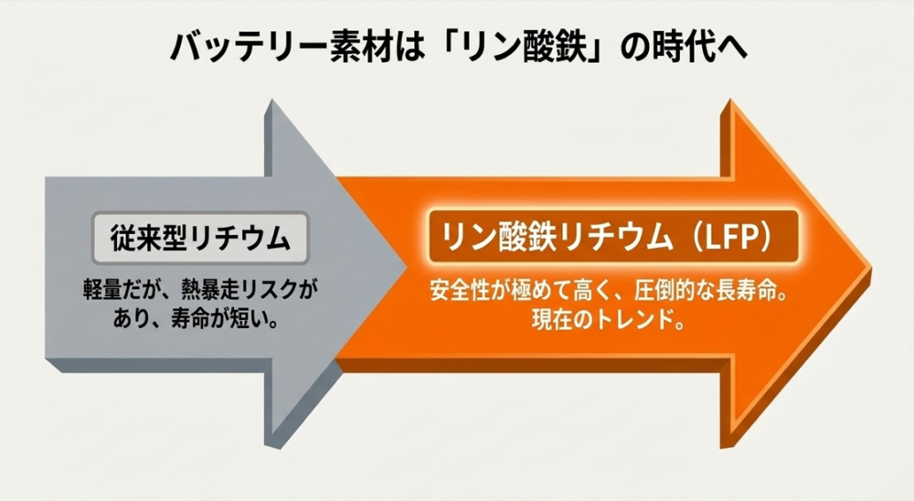従来型リチウムと比較し、安全性が高く長寿命なリン酸鉄リチウムのメリット解説   