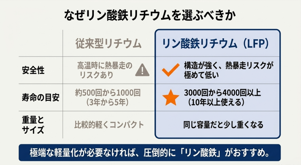 リン酸鉄リチウムと従来型リチウムの安全性、寿命、重量・サイズを比較した表