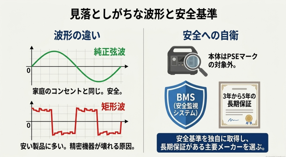 純正弦波と矩形波の波形の違いと、BMS（安全監視システム）や長期保証などのチェックポイント