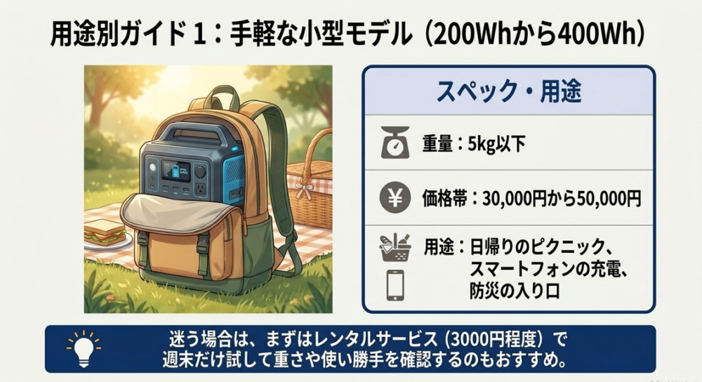リュックに入った小型ポータブル電源のイラストと、ピクニックやスマートフォン充電に最適な小型モデルの解説
