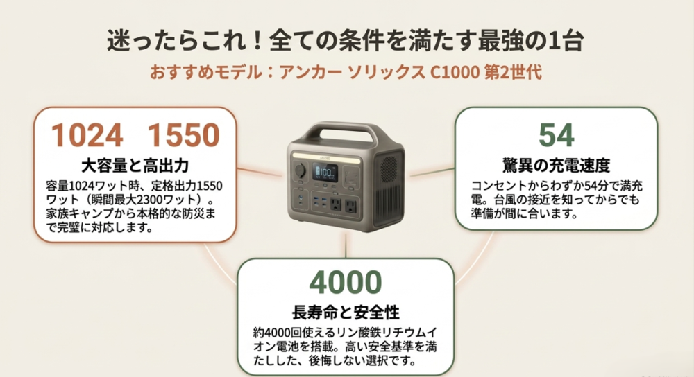 全ての条件を満たすおすすめのポータブル電源「Anker Solix C1000 Gen 2」。大容量1024Wh、わずか54分の驚異的な充電速度、約4000回の長寿命と安全性を備える。