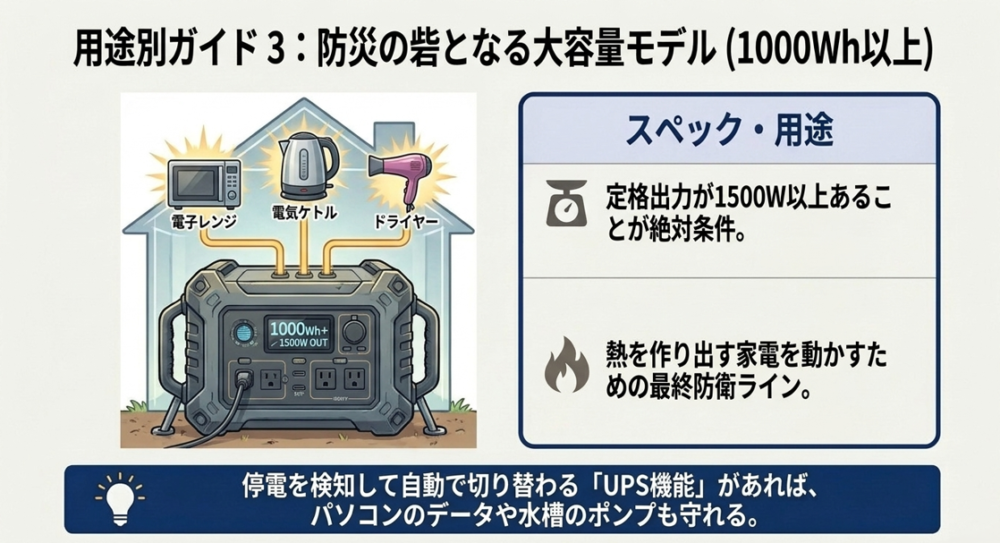 電子レンジや電気ケトル、ドライヤーを動かせる大容量モデルとUPS機能の解説