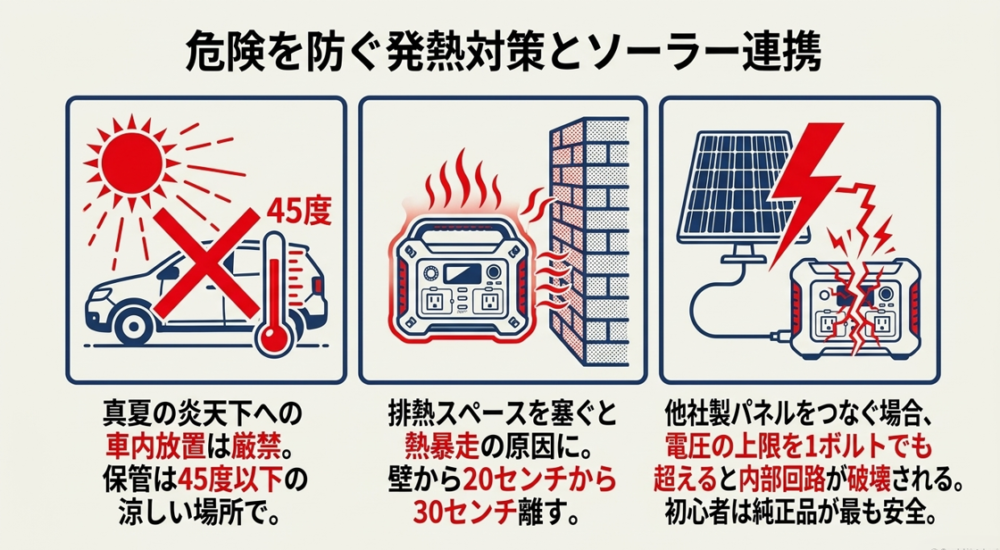 夏の車内放置の危険性、壁からの排熱スペース確保、他社製ソーラーパネル接続時の電圧超過への警告図解