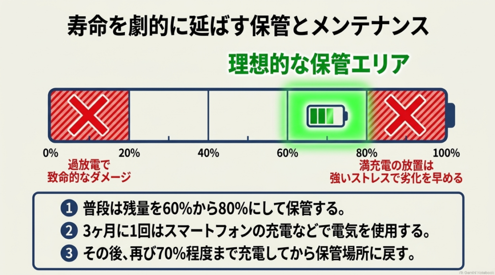 過放電や満充電放置を避け、残量60%から80%で保管し定期的に充放電を行うメンテナンスのコツ