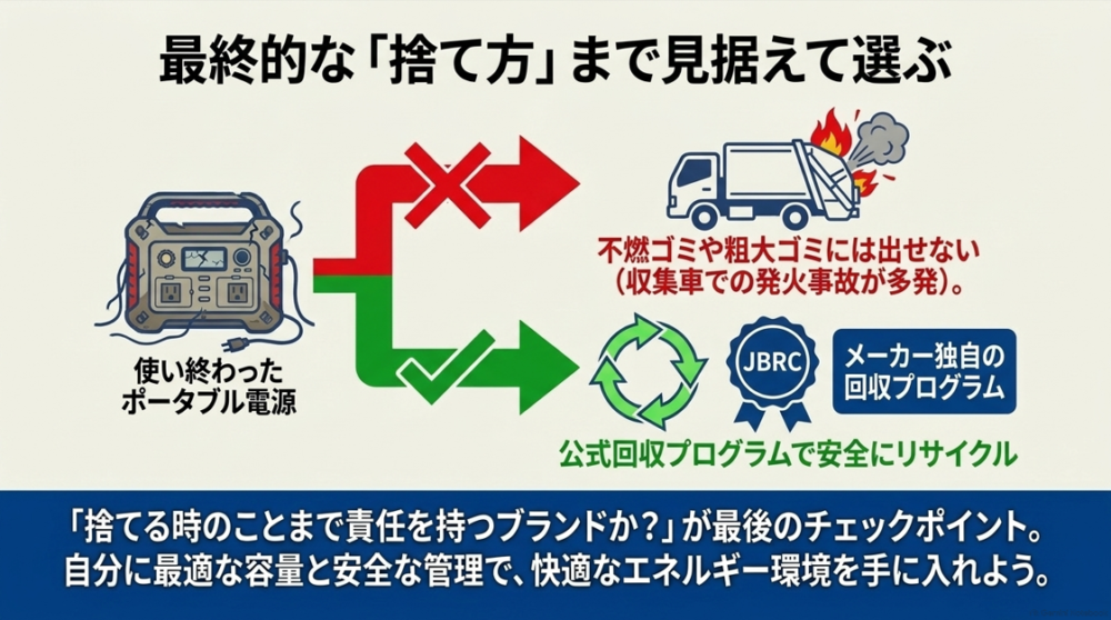 不燃ゴミに出せないポータブル電源を、JBRCやメーカー独自の回収プログラムで安全に処分する方法