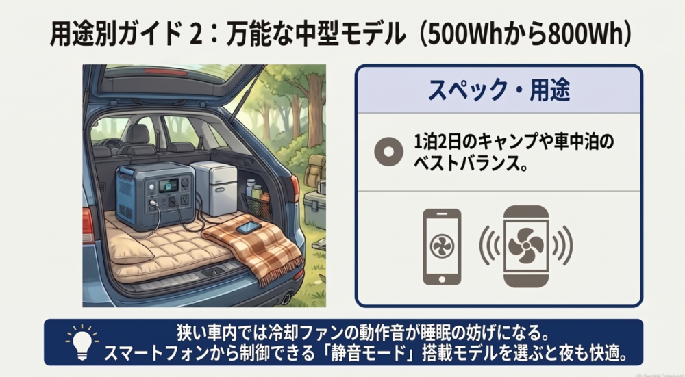 車のトランクでポータブル冷蔵庫などに給電するイラストと、キャンプや車中泊に最適な中型モデルの解説