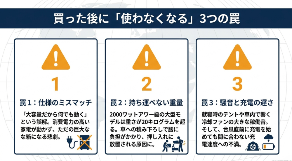 買った後に使わなくなる3つの罠。仕様のミスマッチ、持ち運べない重量、騒音と充電の遅さ