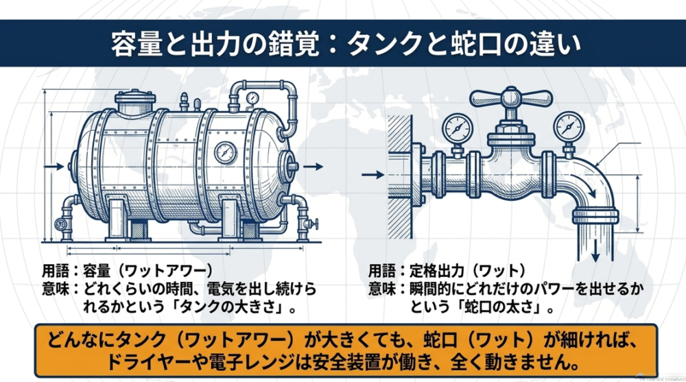容量と出力の錯覚。容量（ワットアワー）は電気を出し続けられるタンクの大きさ、定格出力（ワット）は一瞬のパワーを出す蛇口の太さを表す図解