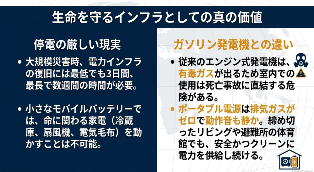 停電時の厳しい現実とガソリン発電機との違い。排気ガスゼロで安全かつクリーンに電力を供給し続けるポータブル電源の価値
