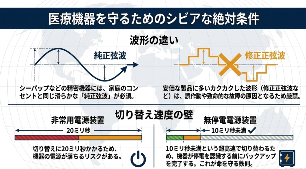 医療機器を守るための絶対条件。滑らかな純正弦波の必要性と、10ミリ秒未満で切り替わるUPS（無停電電源装置）機能の重要性