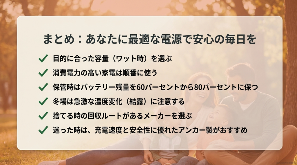 ポータブル電源選びと活用のまとめ。目的に合った容量選び、高出力家電の順番使用、保管時のバッテリー残量管理、冬場の結露への注意、回収ルートの確認についてのおさらい。