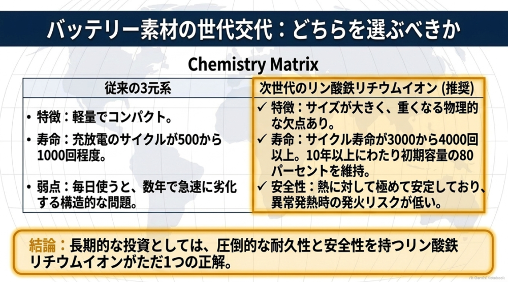 バッテリー素材の世代交代。従来の三元系と次世代のリン酸鉄リチウムイオン電池における寿命と安全性の比較表
