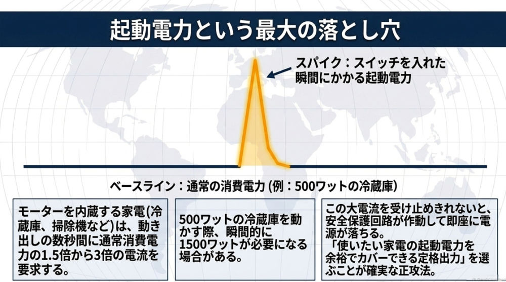 起動電力という最大の落とし穴。モーター内蔵家電はスイッチを入れた瞬間に通常消費電力の1.5倍から3倍の電流を要求する図解