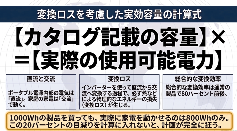 変換ロスを考慮した実効容量の計算式。インバーターによる損失を踏まえ、カタログ記載の容量に0.8を掛けて実際の使用可能電力を算出する図解