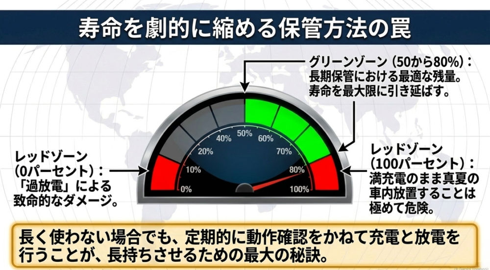 寿命を劇的に縮める保管方法の罠。長期保管に最適な50〜80%のグリーンゾーンと、過放電や満充電放置となるレッドゾーンの解説