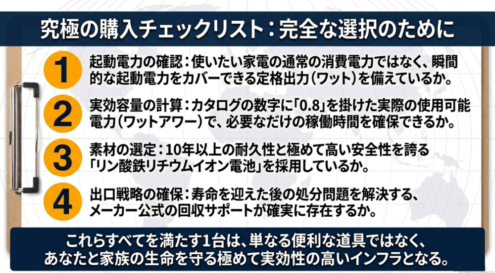 究極の購入チェックリスト。起動電力、実効容量の計算、リン酸鉄リチウムイオン素材の選定、廃棄の出口戦略確保という4つの確認事項