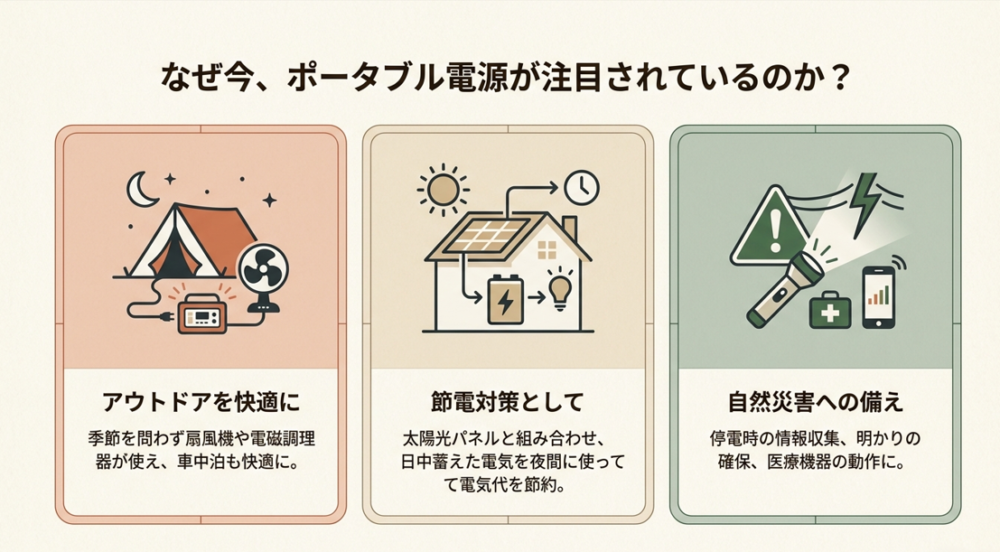 ポータブル電源が注目されている理由。アウトドアを快適に、節電対策として、自然災害への備えの3点について解説