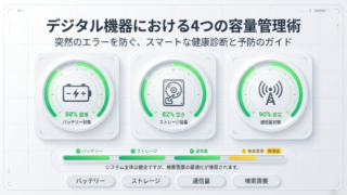 デジタル機器における4つの容量管理術。バッテリー、ストレージ、通信量、検索需要の健康状態を示すダッシュボードのイラスト。