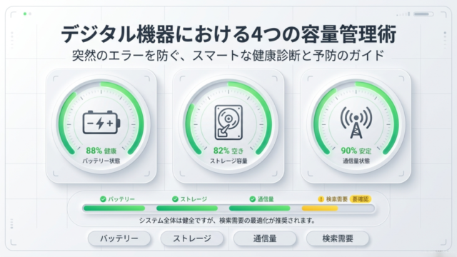 デジタル機器における4つの容量管理術。バッテリー、ストレージ、通信量、検索需要の健康状態を示すダッシュボードのイラスト。