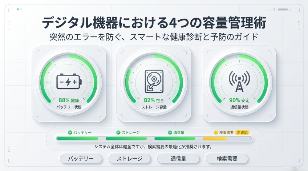 デジタル機器における4つの容量管理術。バッテリー、ストレージ、通信量、検索需要の健康状態を示すダッシュボードのイラスト。