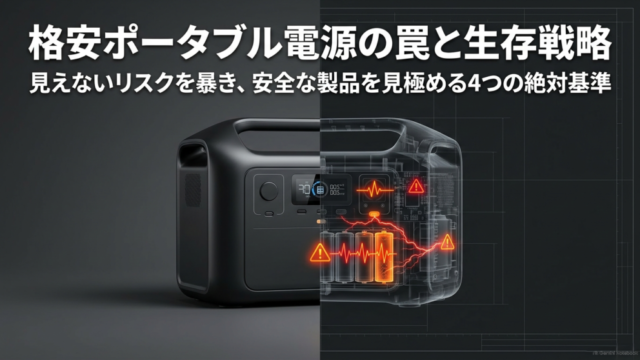 格安ポータブル電源の見えないリスクを暴き、安全な製品を見極める4つの絶対基準を示したタイトルスライド