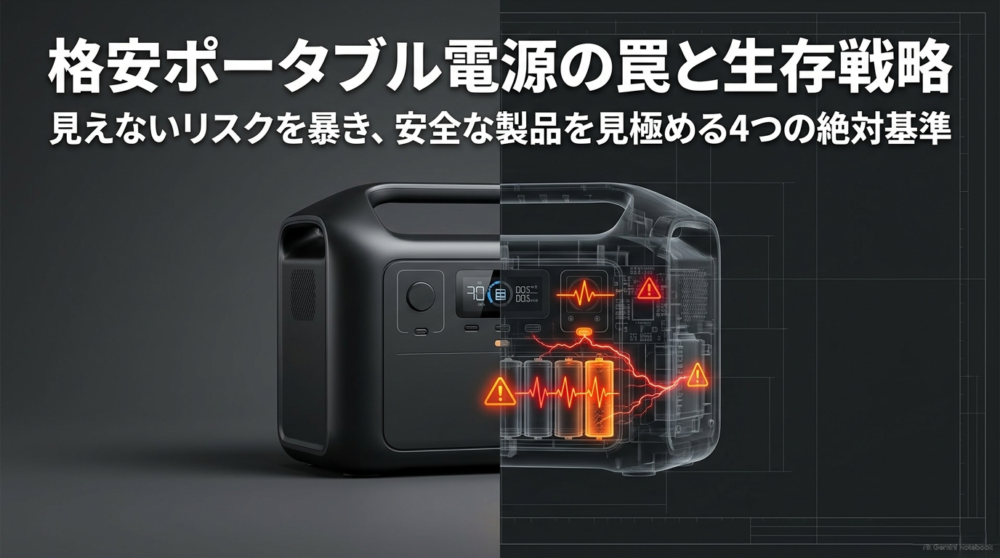 格安ポータブル電源の見えないリスクを暴き、安全な製品を見極める4つの絶対基準を示したタイトルスライド